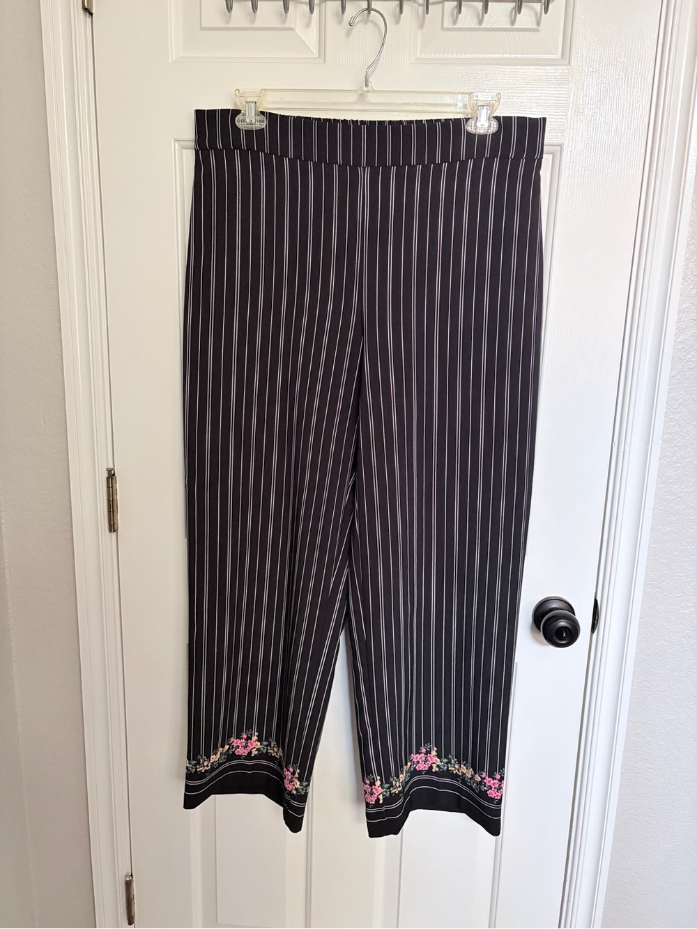 Roz & Ali Black and White Pinstripe Wide-Leg Pants with Floral Accents